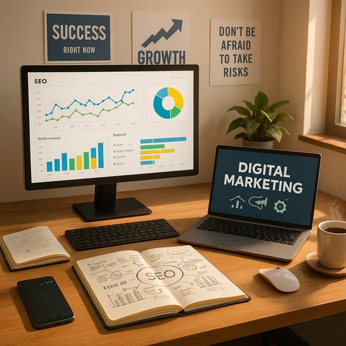 The image features a modern wellstructured workspace designed for digital marketing and SEO A sleek wooden desk is adorned with a large monitor displaying colorful graphs and analytics related to website traffic Open notebooks filled with notes and s-1